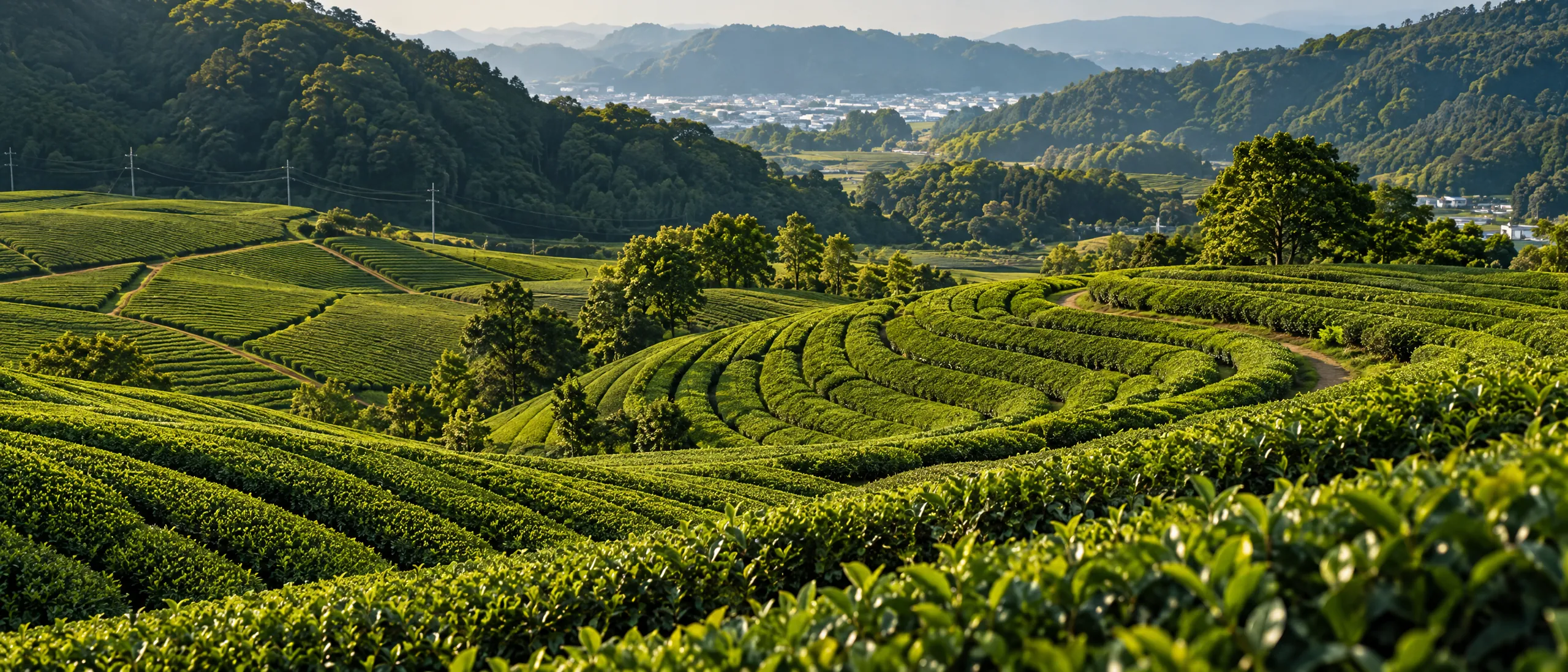 Rows of green tea bushes on rolling hills, with forested mountains behind