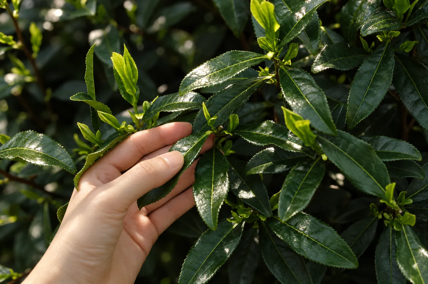 A hand touching young, light green tea shoots on a tea bush