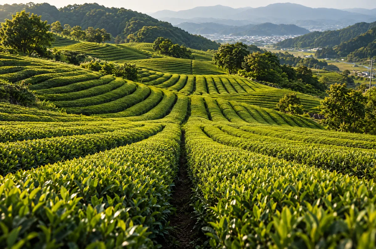 Rows of tea bushes running down a hillside, with a valley and mountains in the distance